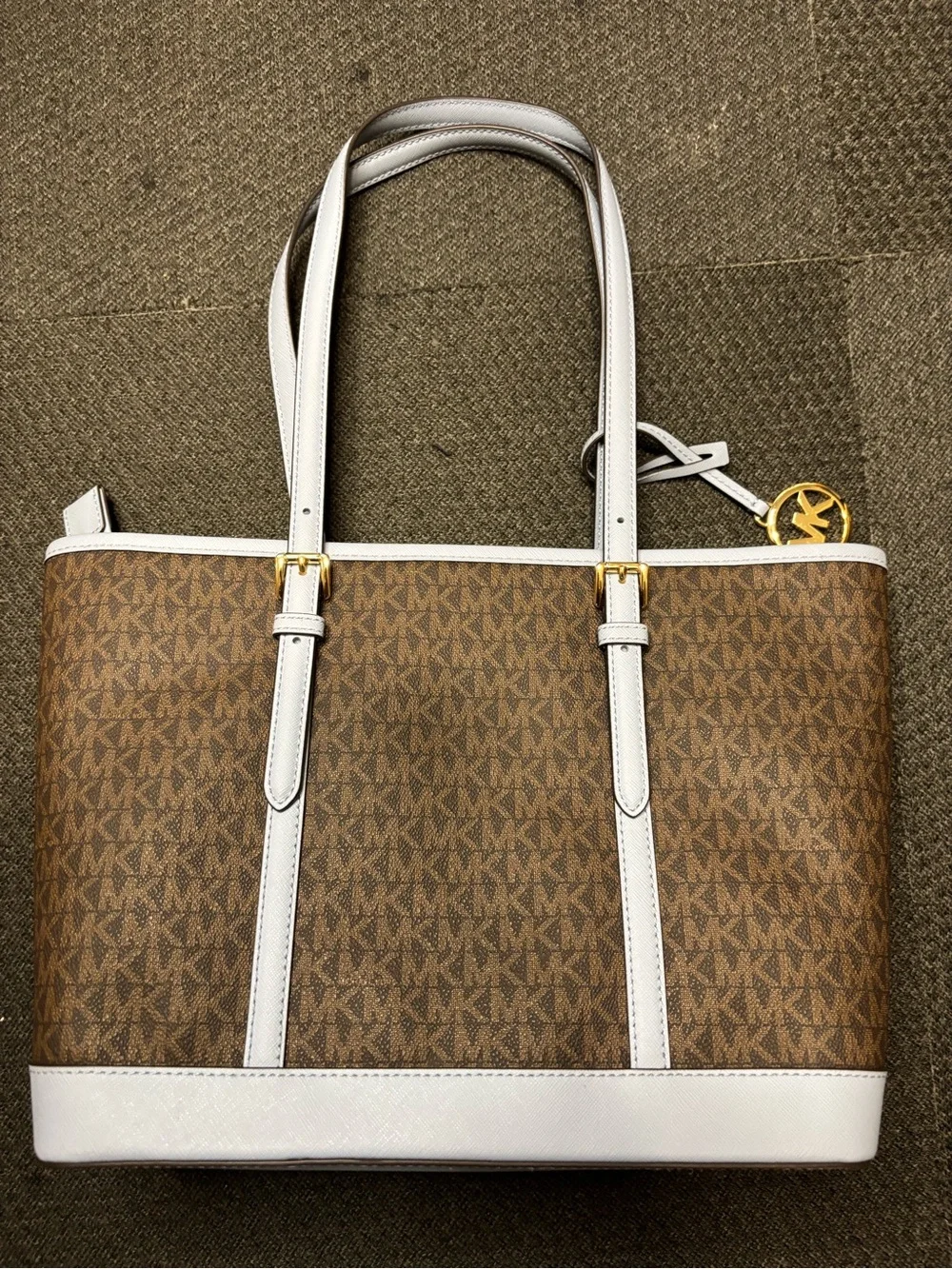Michael Kors Brown Signature Logo Tote with White Trim